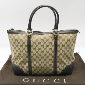 GUCCI グッチ キャンバス ラブリー トートバッグ 257068 ブラウン GG柄 ハート レザー 茶